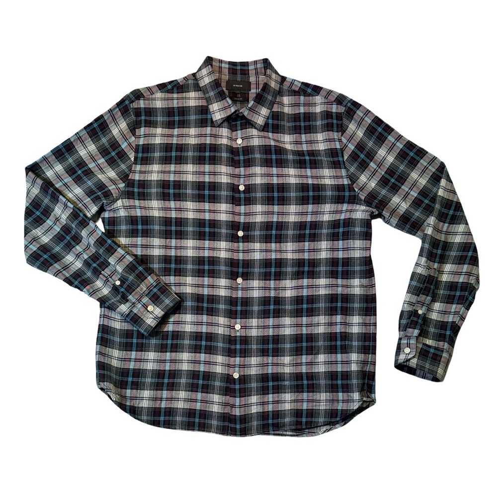 Vince mens L Large classic fit gray blue red plaid textured button up shirt EUC